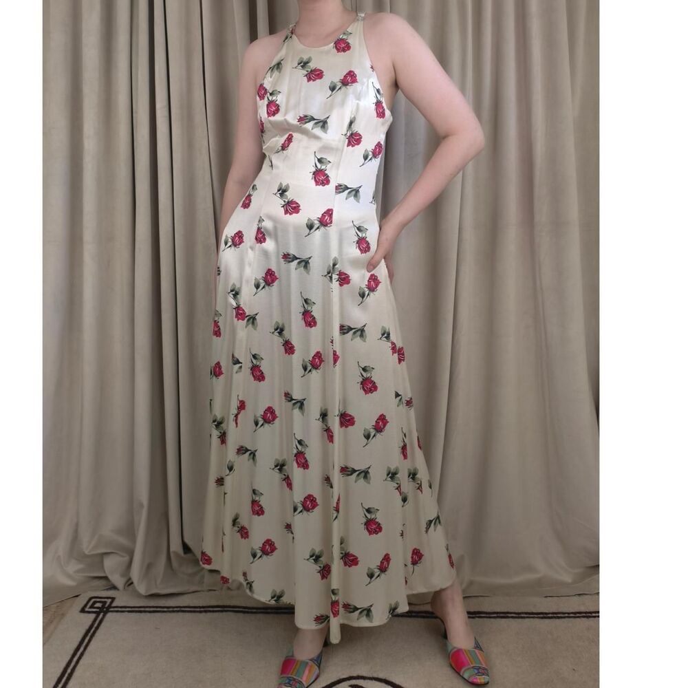 Vintage 90s Frederick’s of Hollywood Rose Print Halter Maxi Dress